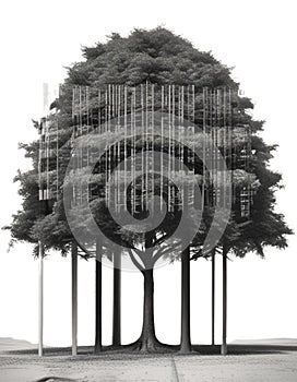 Conceptual image of exploiting trees and forest for material gain with barcode and tree