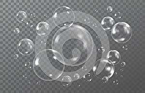 Transparent 3d water soap, foam air bubbles. Realistic circle wash balls drops, liquid reflection, dreamy glossy spheres