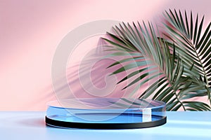 Transparent acrylic cylindric platform with tropical palm leaf on minimal pink background