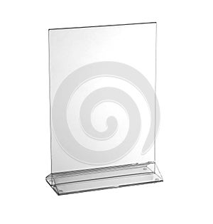 Transparent acrylic table stand display for menu isolated, white background