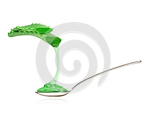 Transparent aloe vera essence flows from the stem in a spoon, isolated on white background