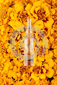 Transparent ampoule with medicine lie on yellow marigolds