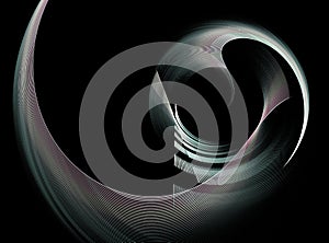 The transparent arched plane turns into an abstract shell of an unusual shape on black background. Clean space. Abstract fractal