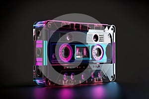 Transparent audio cassette tape illuminated with pink and blue lanterns on black background.