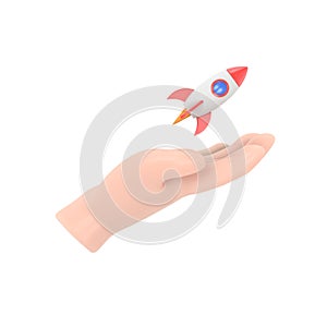 Transparent Backgrounds Mock-up. Cartoon 3d hand holding a bitcoin crypto currency rocket taking off