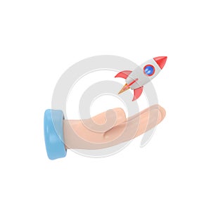 Transparent Backgrounds Mock-up. Cartoon 3d hand holding a bitcoin crypto currency rocket taking off.Supports PNG