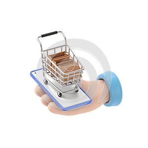 Transparent Backgrounds Mock-up. Flat 3d isometric businessman hand with shopping bag and cart on smartphone.