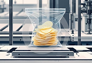 Transparent bag filled with crispy potato chips on a production line