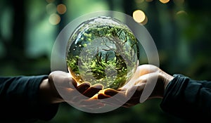 Transparent ball with greenery in hands. Ecology and environment concept. AI generated photo