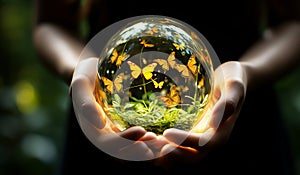 Transparent ball with greenery in hands. Ecology and environment concept. AI generated photo