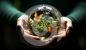Transparent ball with greenery in hands. Ecology and environment concept. AI generated photo