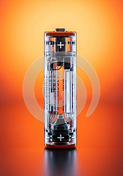 Transparent battery with visible interior.