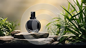 Transparent black glass perfume bottle mockup with plants on background. Eau de