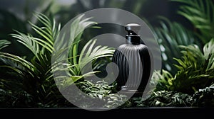 Transparent black glass perfume bottle mockup with plants on background. Eau de