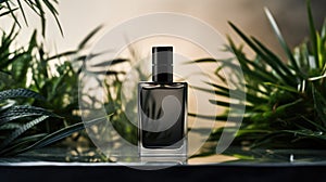 Transparent black glass perfume bottle mockup with plants on background. Eau de