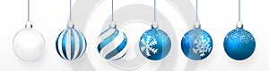 Transparent and Blue Christmas ball with snow effect set. Xmas glass ball on white background. Holiday decoration template. Vector
