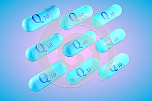 Transparent blue coenzyme q10 capsules on colorful background. Ubiquinone capsules. Mineral and vitamin complex. 3d
