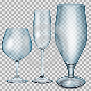 Transparent blue empty glass goblets for cognac, champagne and b