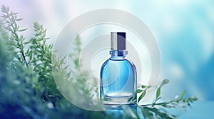 Transparent blue glass perfume bottle mockup with plants on background. Eau de