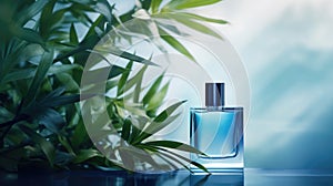 Transparent blue glass perfume bottle mockup with plants on background. Eau de