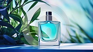Transparent blue glass perfume bottle mockup with plants on background. Eau de