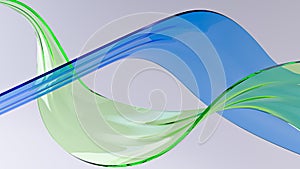 Transparent blue and green glass ribbons on light background. Shiny glass surface curved shapes in motion. Design element for