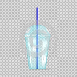 Transparent blue plastic empty cup for soda or cocktail. Party disposable cup. Vector illustration isolated on transparent