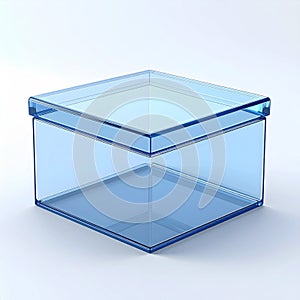 Transparent Blue Rectangular Box with Lid on White Background