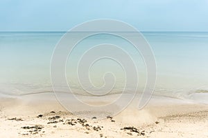 Transparent blue sea water over sandy beach and sea vegetation thrown ashore