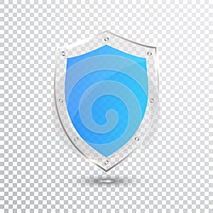 Transparent Blue Shield. Safety Glass Badge Icon. Privacy Guard Banner. Protection Shield Concept. Decoration Secure Element. Defe