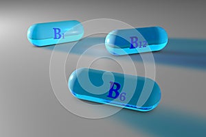 Transparent blue vitamin B1, B6, B12 capsules. Vitamin and mineral complex. 3d illustration