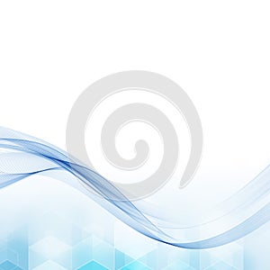 Transparent blue wave on light background with hexagons.