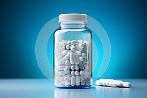 Transparent bottle filled with white capsules against a blue harmony backdrop