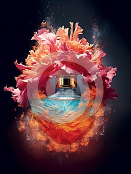 Transparent bottle of perfume on dark background. Luxury fragrance presentation, fancy vibrant studio shot, perfumery ad