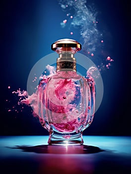 Transparent bottle of perfume. Luxury fragrance presentation, fancy vibrant studio shot, perfumery ad. Colored smoke photo