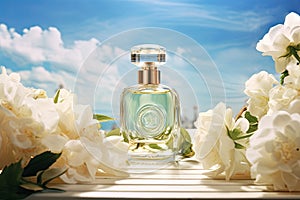 Transparent bottle of perfume surrounded by white gardenia flowers on blue sky background. Floral perfume bottle with