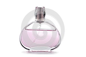 Transparent bottle of pink perfume isolated