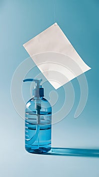 Transparent bottle with pump, light blue background, blank paper floating, evokes simplicity photo