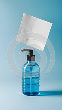 Transparent bottle with pump, light blue background, blank paper floating, evokes simplicity photo