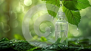 Transparent bottle under a dew-laden leaf. Droplet about to fall into the bottle. Concept of natural essence, organic