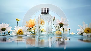 A transparent bottle of unisex perfume submerged in water