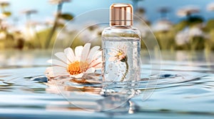 A transparent bottle of unisex perfume submerged in water