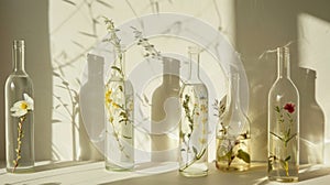 Transparent bottles with botanical specimens bask in the natural light, casting delicate shadows that echo an ethereal photo