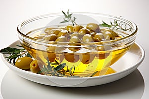 Transparent bowl with olives and olive oil.