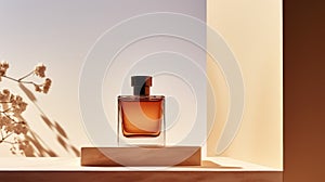 Transparent brown glass perfume bottle mockup on pedestal with minimalist