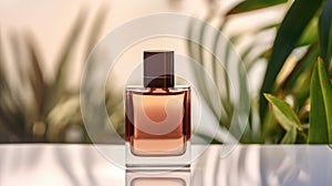 Transparent brown glass perfume bottle mockup with plants on background. Eau de