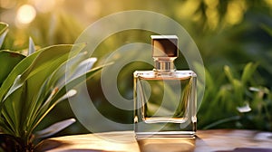 Transparent brown glass perfume bottle mockup with plants on background. Eau de