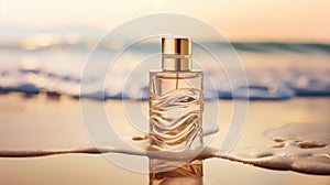 Transparent brown glass perfume bottle mockup with sandy beach and ocean waves