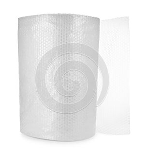 Transparent bubble wrap roll isolated on white