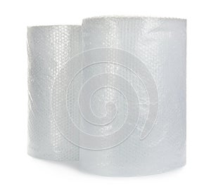 Transparent bubble wrap rolls on white background